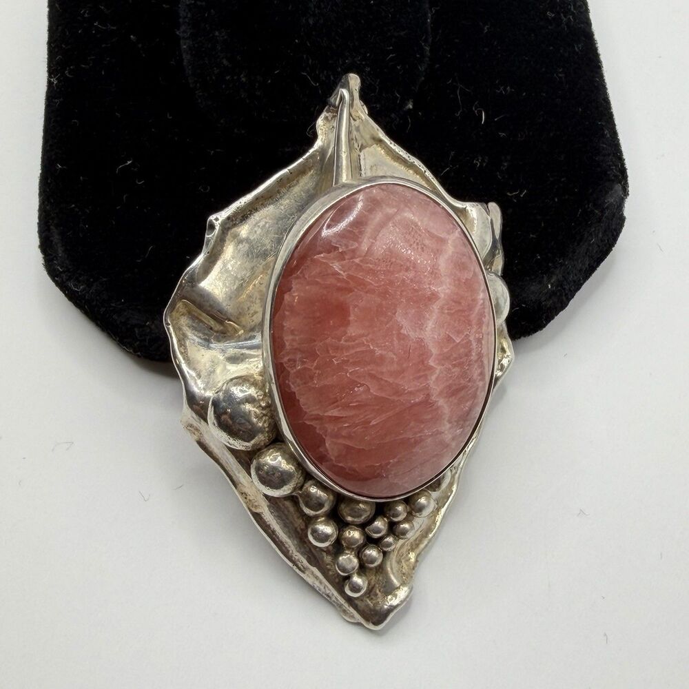Vintage 925 Sterling Silver Rhodochrosite Pendant Large Oval Necklace Charm